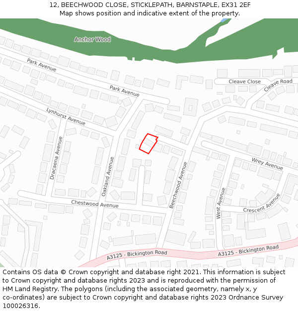 12, BEECHWOOD CLOSE, STICKLEPATH, BARNSTAPLE, EX31 2EF: Location map and indicative extent of plot