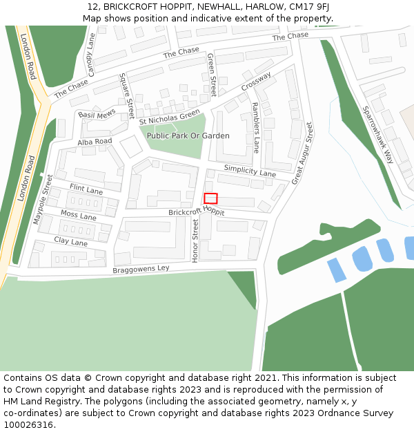 12, BRICKCROFT HOPPIT, NEWHALL, HARLOW, CM17 9FJ: Location map and indicative extent of plot