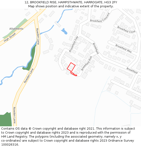 12, BROOKFIELD RISE, HAMPSTHWAITE, HARROGATE, HG3 2FY: Location map and indicative extent of plot