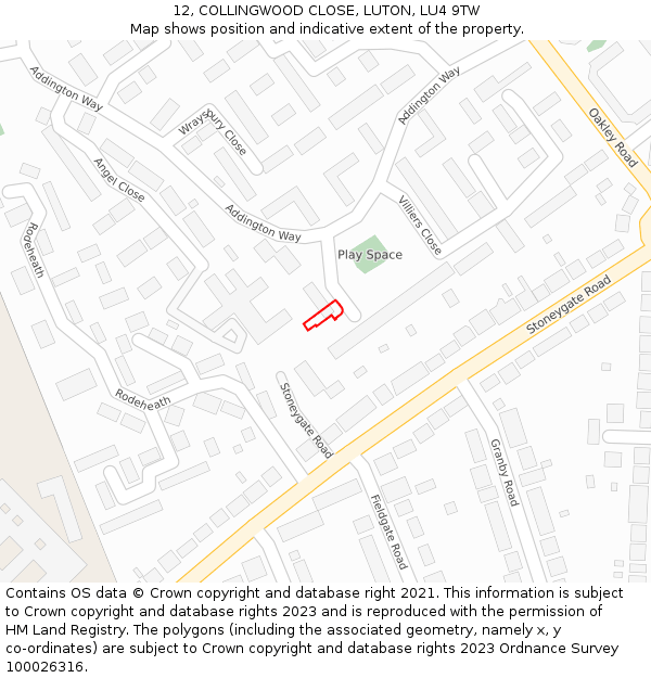 12, COLLINGWOOD CLOSE, LUTON, LU4 9TW: Location map and indicative extent of plot