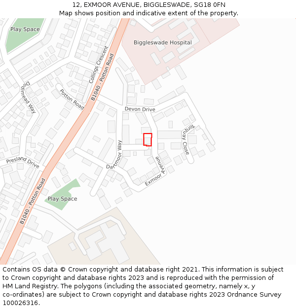 12, EXMOOR AVENUE, BIGGLESWADE, SG18 0FN: Location map and indicative extent of plot