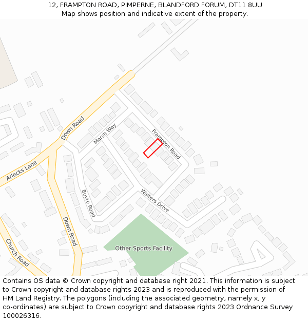 12, FRAMPTON ROAD, PIMPERNE, BLANDFORD FORUM, DT11 8UU: Location map and indicative extent of plot