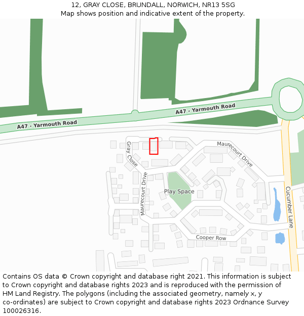 12, GRAY CLOSE, BRUNDALL, NORWICH, NR13 5SG: Location map and indicative extent of plot