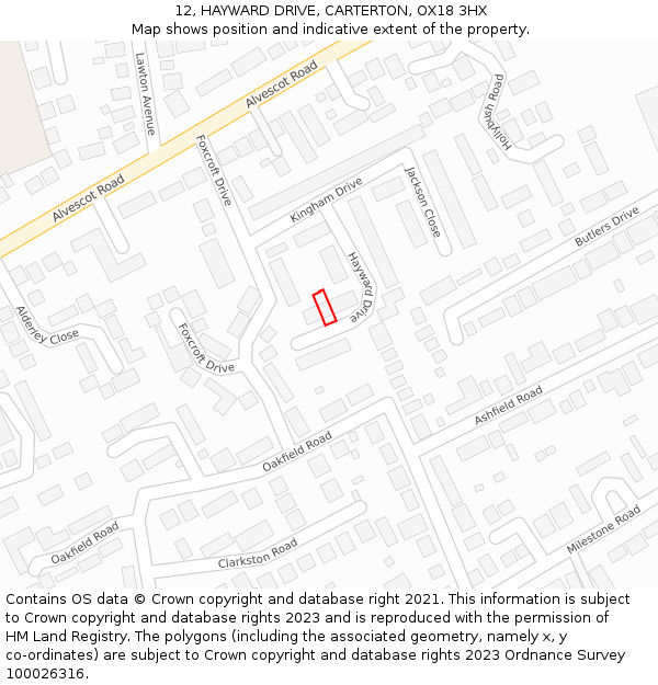 12, HAYWARD DRIVE, CARTERTON, OX18 3HX: Location map and indicative extent of plot