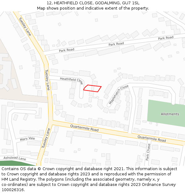 12, HEATHFIELD CLOSE, GODALMING, GU7 1SL: Location map and indicative extent of plot