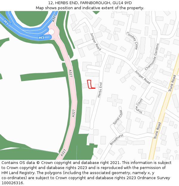 12, HERBS END, FARNBOROUGH, GU14 9YD: Location map and indicative extent of plot