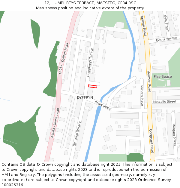 12, HUMPHREYS TERRACE, MAESTEG, CF34 0SG: Location map and indicative extent of plot