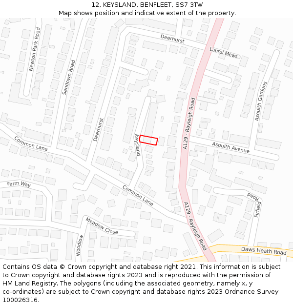 12, KEYSLAND, BENFLEET, SS7 3TW: Location map and indicative extent of plot