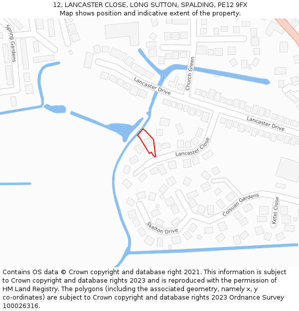 12, LANCASTER CLOSE, LONG SUTTON, SPALDING, PE12 9FX: Location map and indicative extent of plot