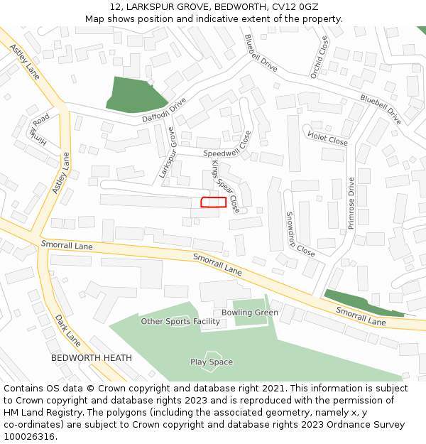 12, LARKSPUR GROVE, BEDWORTH, CV12 0GZ: Location map and indicative extent of plot