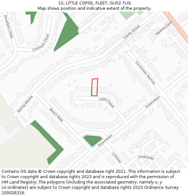 12, LITTLE COPSE, FLEET, GU52 7UQ: Location map and indicative extent of plot