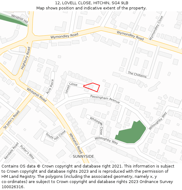 12, LOVELL CLOSE, HITCHIN, SG4 9LB: Location map and indicative extent of plot