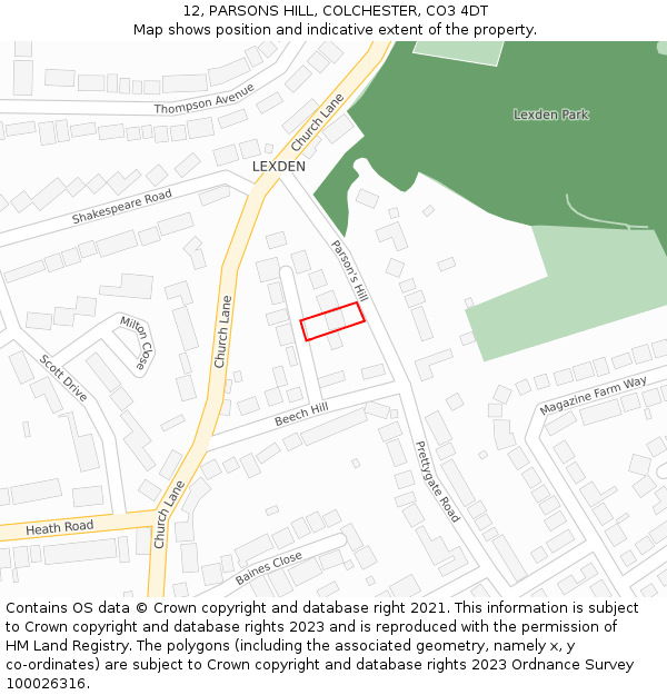 12, PARSONS HILL, COLCHESTER, CO3 4DT: Location map and indicative extent of plot