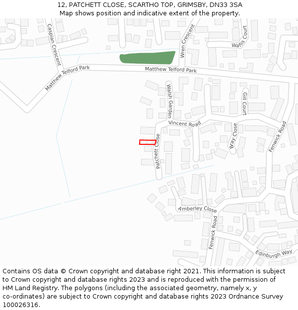 12, PATCHETT CLOSE, SCARTHO TOP, GRIMSBY, DN33 3SA: Location map and indicative extent of plot