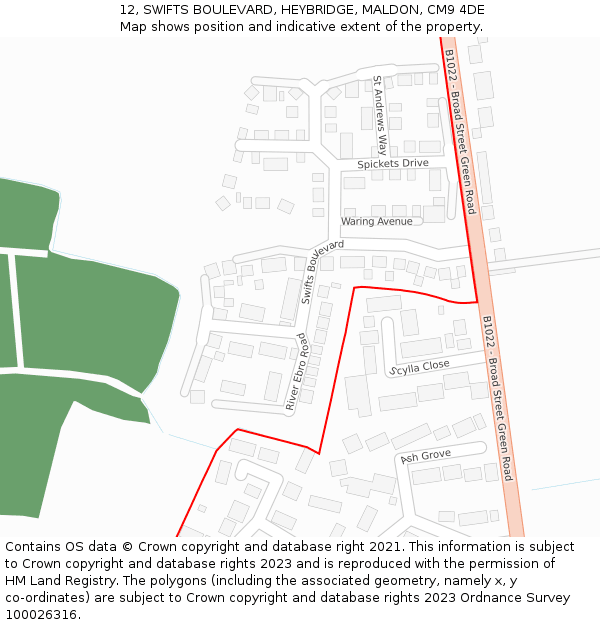 12, SWIFTS BOULEVARD, HEYBRIDGE, MALDON, CM9 4DE: Location map and indicative extent of plot