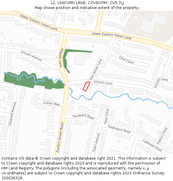 12, UNICORN LANE, COVENTRY, CV5 7LJ: Location map and indicative extent of plot