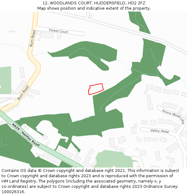 12, WOODLANDS COURT, HUDDERSFIELD, HD2 2FZ: Location map and indicative extent of plot