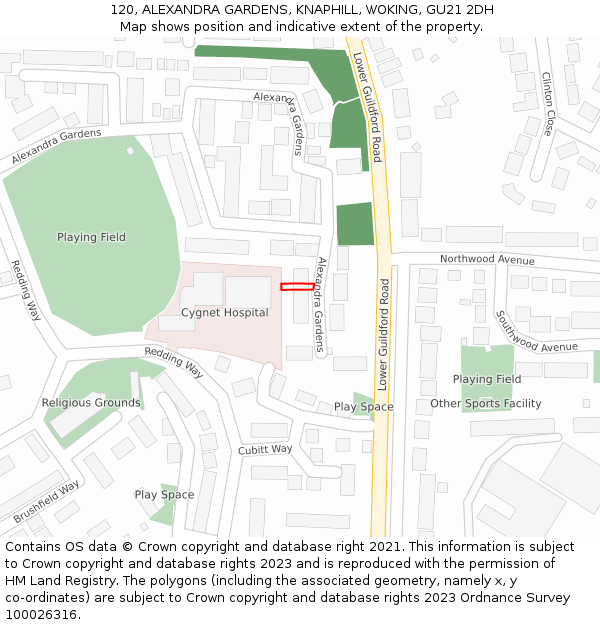 120, ALEXANDRA GARDENS, KNAPHILL, WOKING, GU21 2DH: Location map and indicative extent of plot