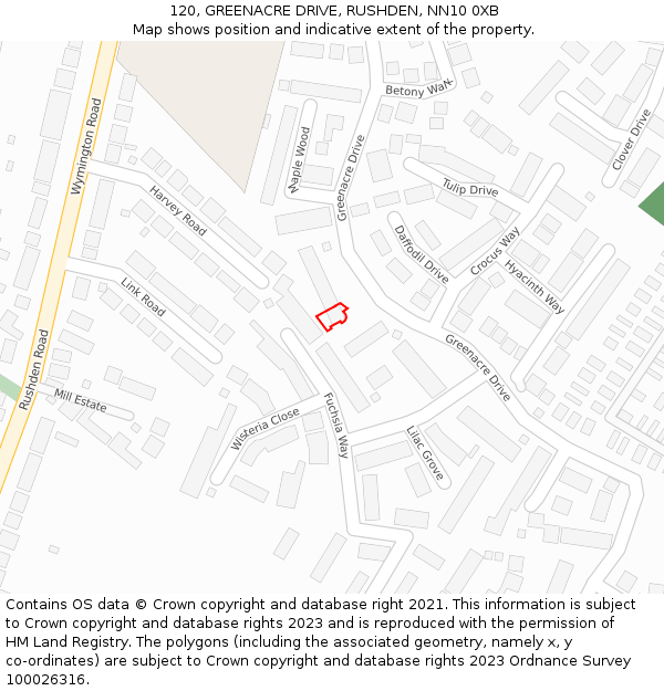 120, GREENACRE DRIVE, RUSHDEN, NN10 0XB: Location map and indicative extent of plot