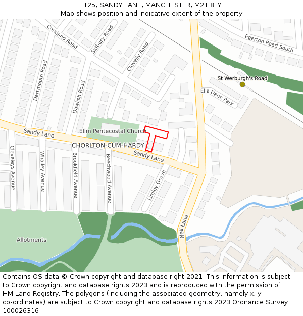 125, SANDY LANE, MANCHESTER, M21 8TY: Location map and indicative extent of plot