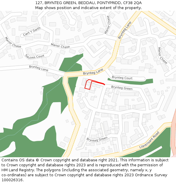 127, BRYNTEG GREEN, BEDDAU, PONTYPRIDD, CF38 2QA: Location map and indicative extent of plot