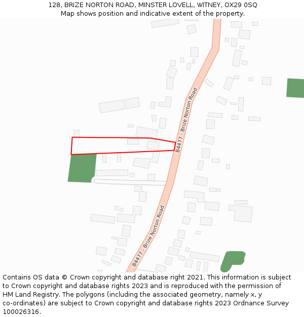 128, BRIZE NORTON ROAD, MINSTER LOVELL, WITNEY, OX29 0SQ: Location map and indicative extent of plot