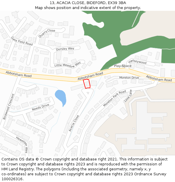 13, ACACIA CLOSE, BIDEFORD, EX39 3BA: Location map and indicative extent of plot