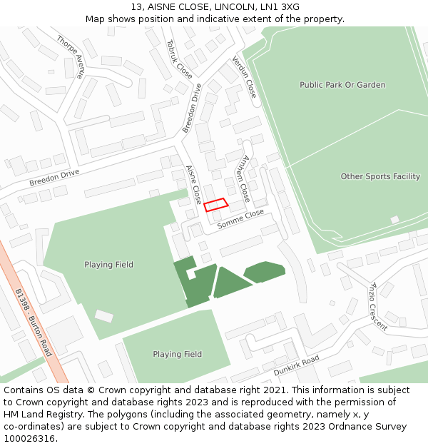 13, AISNE CLOSE, LINCOLN, LN1 3XG: Location map and indicative extent of plot