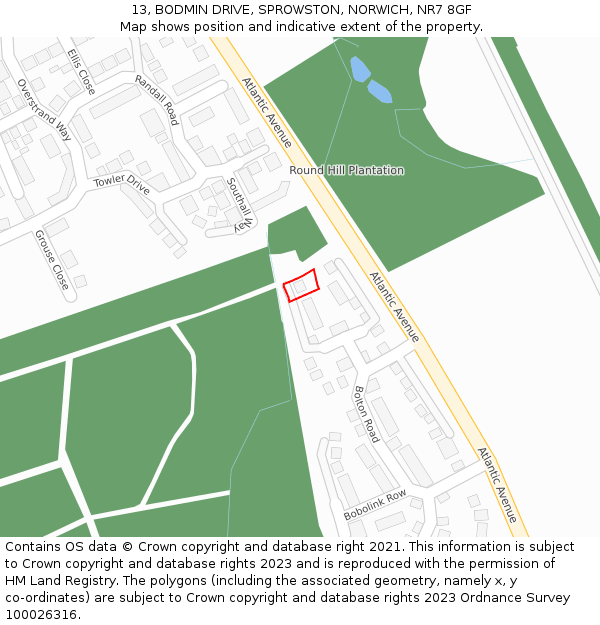 13, BODMIN DRIVE, SPROWSTON, NORWICH, NR7 8GF: Location map and indicative extent of plot