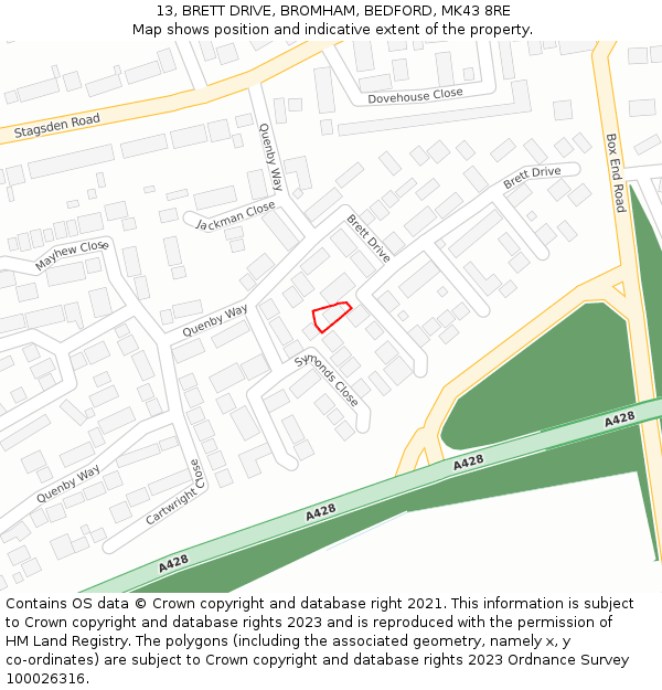 13, BRETT DRIVE, BROMHAM, BEDFORD, MK43 8RE: Location map and indicative extent of plot