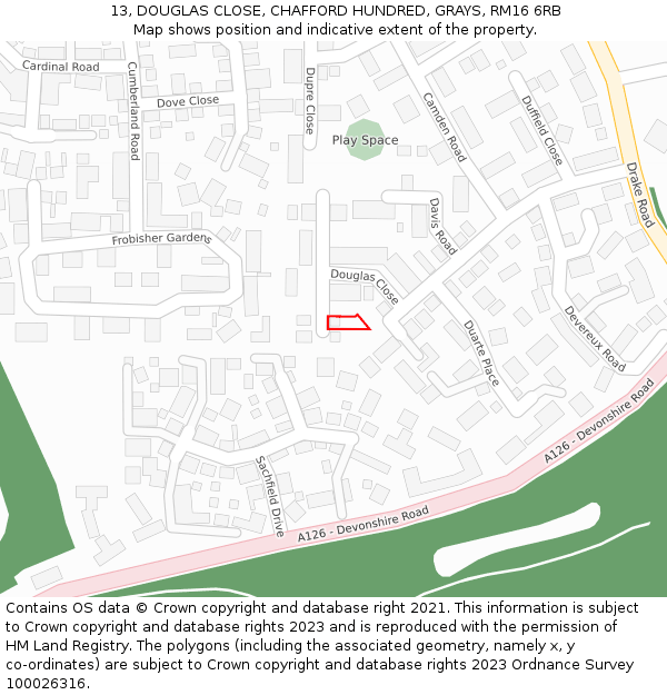 13, DOUGLAS CLOSE, CHAFFORD HUNDRED, GRAYS, RM16 6RB: Location map and indicative extent of plot