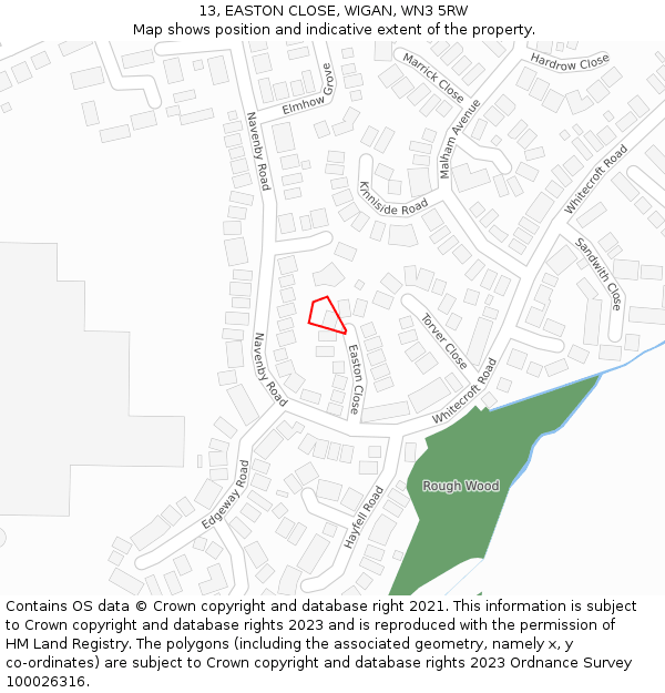 13, EASTON CLOSE, WIGAN, WN3 5RW: Location map and indicative extent of plot