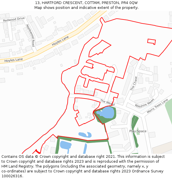 13, HARTFORD CRESCENT, COTTAM, PRESTON, PR4 0QW: Location map and indicative extent of plot