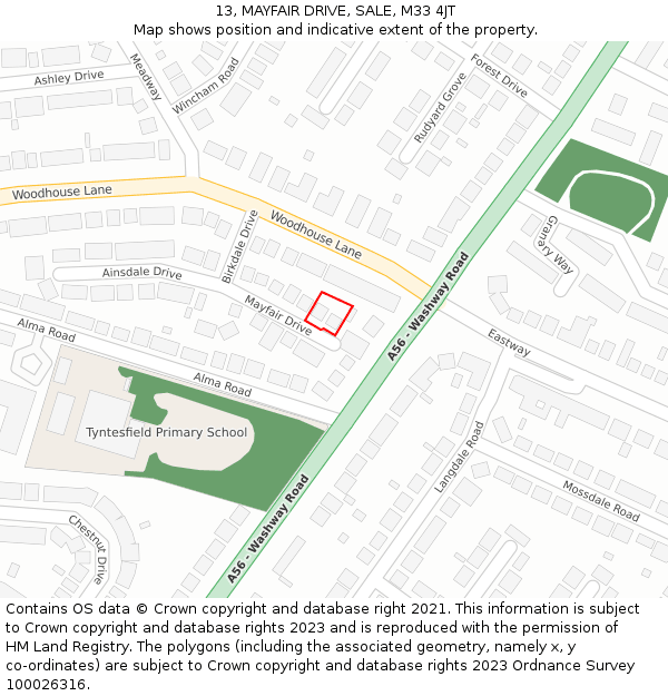 13, MAYFAIR DRIVE, SALE, M33 4JT: Location map and indicative extent of plot