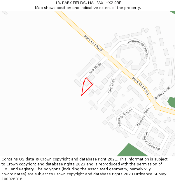 13, PARK FIELDS, HALIFAX, HX2 0RF: Location map and indicative extent of plot