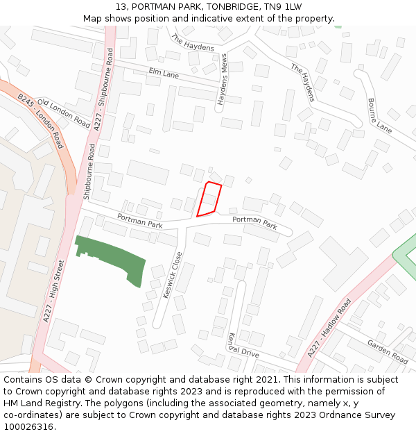 13, PORTMAN PARK, TONBRIDGE, TN9 1LW: Location map and indicative extent of plot