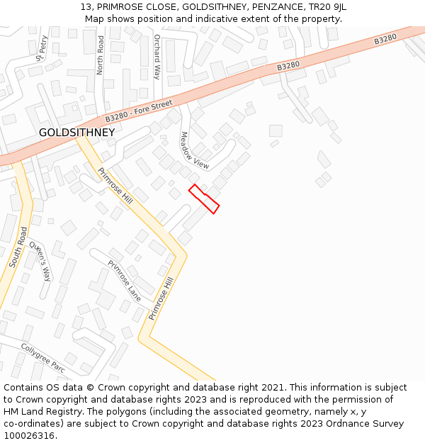 13, PRIMROSE CLOSE, GOLDSITHNEY, PENZANCE, TR20 9JL: Location map and indicative extent of plot