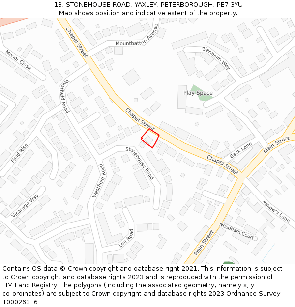 13, STONEHOUSE ROAD, YAXLEY, PETERBOROUGH, PE7 3YU: Location map and indicative extent of plot