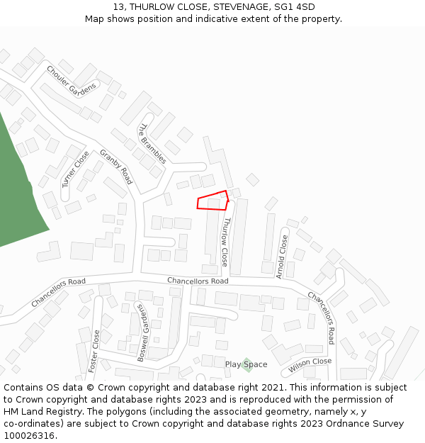 13, THURLOW CLOSE, STEVENAGE, SG1 4SD: Location map and indicative extent of plot