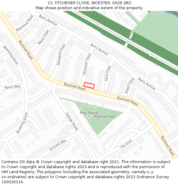 13, TITCHENER CLOSE, BICESTER, OX26 2BZ: Location map and indicative extent of plot