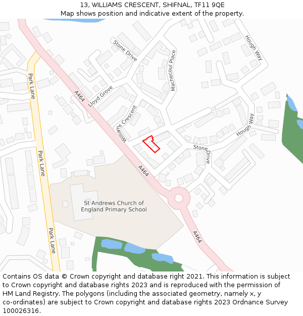 13, WILLIAMS CRESCENT, SHIFNAL, TF11 9QE: Location map and indicative extent of plot