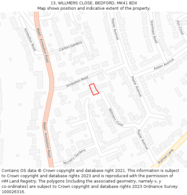 13, WILLMERS CLOSE, BEDFORD, MK41 8DX: Location map and indicative extent of plot