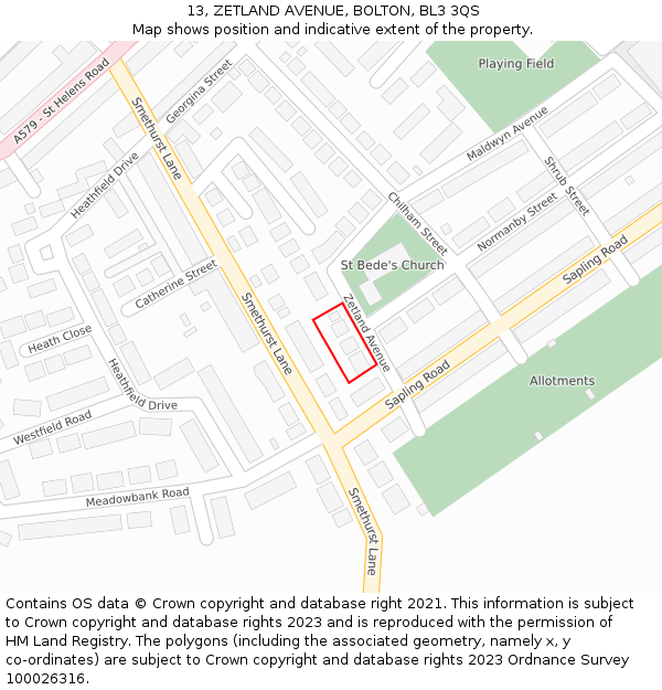 13, ZETLAND AVENUE, BOLTON, BL3 3QS: Location map and indicative extent of plot