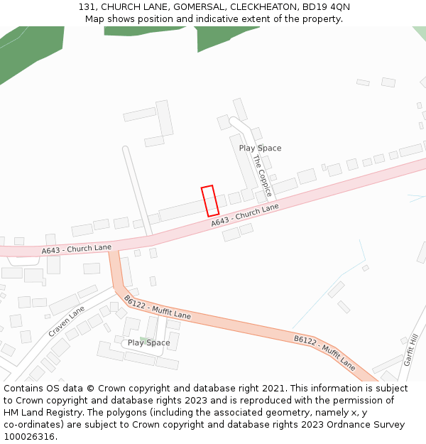 131, CHURCH LANE, GOMERSAL, CLECKHEATON, BD19 4QN: Location map and indicative extent of plot