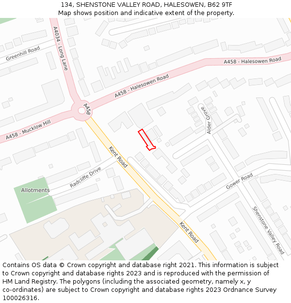 134, SHENSTONE VALLEY ROAD, HALESOWEN, B62 9TF: Location map and indicative extent of plot