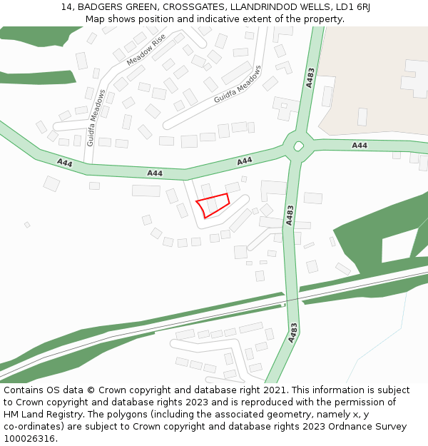 14, BADGERS GREEN, CROSSGATES, LLANDRINDOD WELLS, LD1 6RJ: Location map and indicative extent of plot