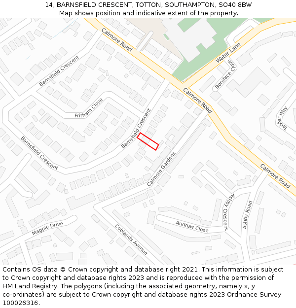 14, BARNSFIELD CRESCENT, TOTTON, SOUTHAMPTON, SO40 8BW: Location map and indicative extent of plot