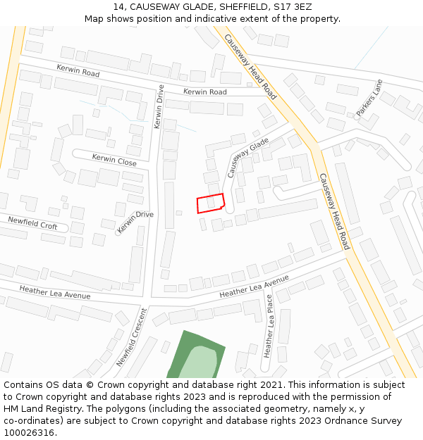 14, CAUSEWAY GLADE, SHEFFIELD, S17 3EZ: Location map and indicative extent of plot