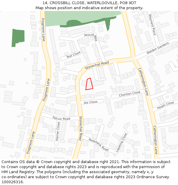 14, CROSSBILL CLOSE, WATERLOOVILLE, PO8 9DT: Location map and indicative extent of plot