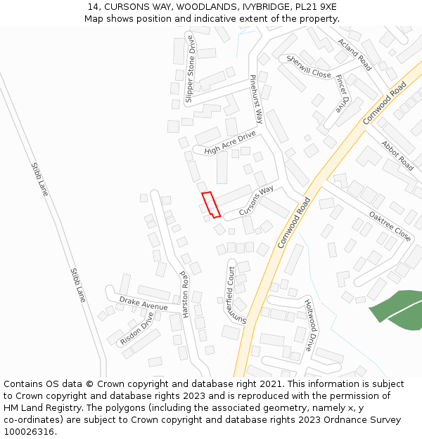 14, CURSONS WAY, WOODLANDS, IVYBRIDGE, PL21 9XE: Location map and indicative extent of plot